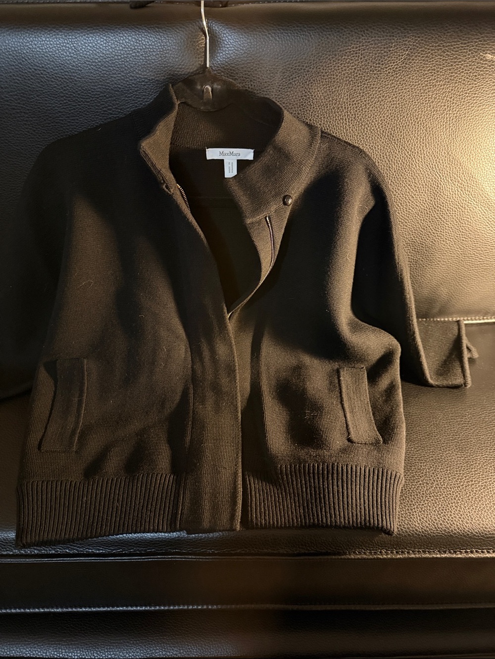 MaxMara Black Ribbed Hem Zip-Up Knit Jacket